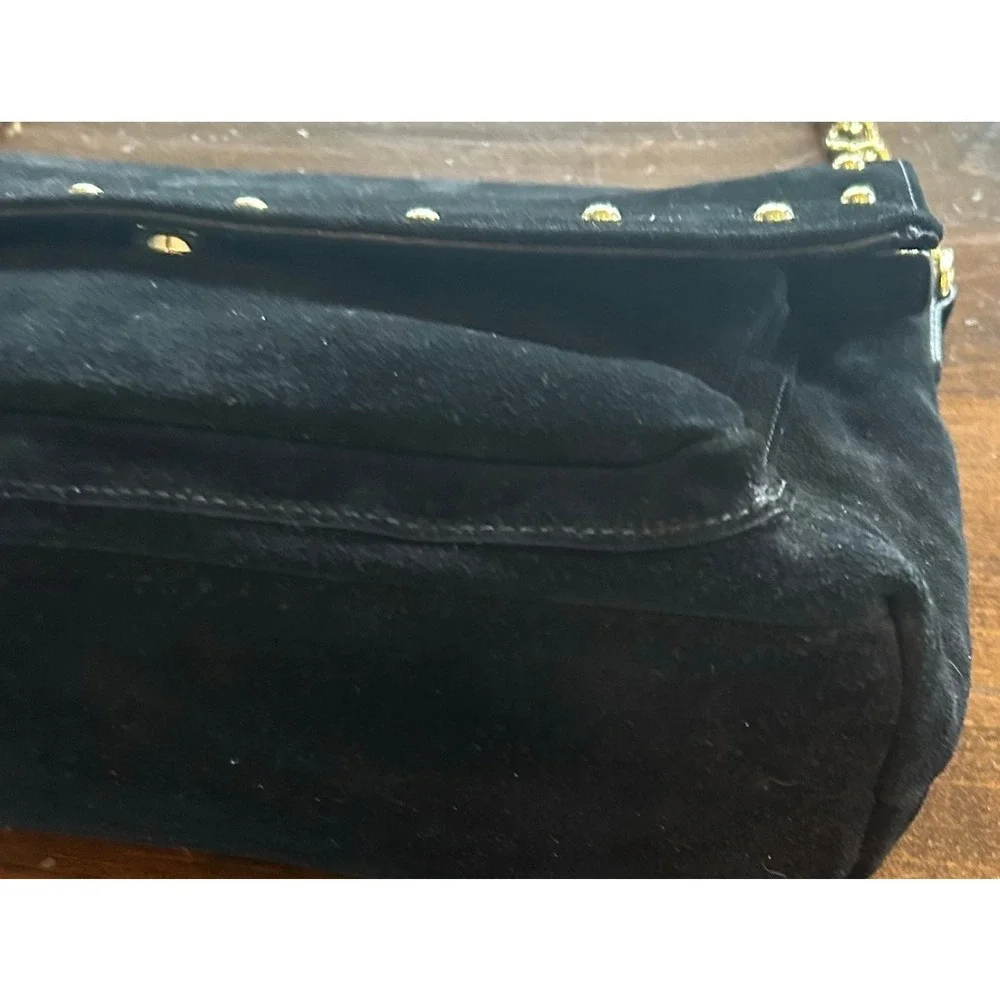 Talbots Suede Shoulder Bag Womens Small Black Studded‎ Gold Chain Strap Purse